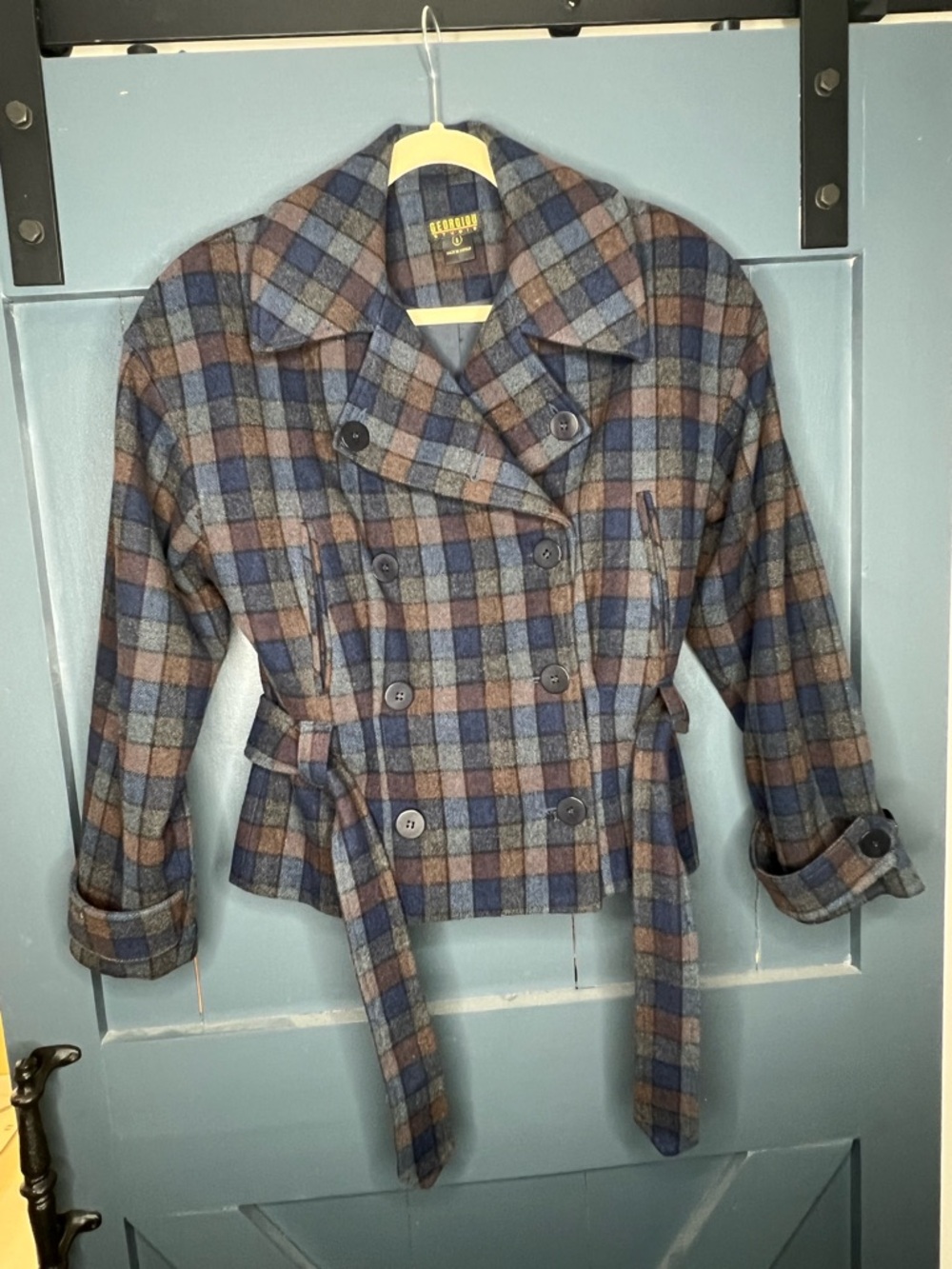 Vintage Plaid Double-Breasted Wool Blend Jacket - Blue & Brown